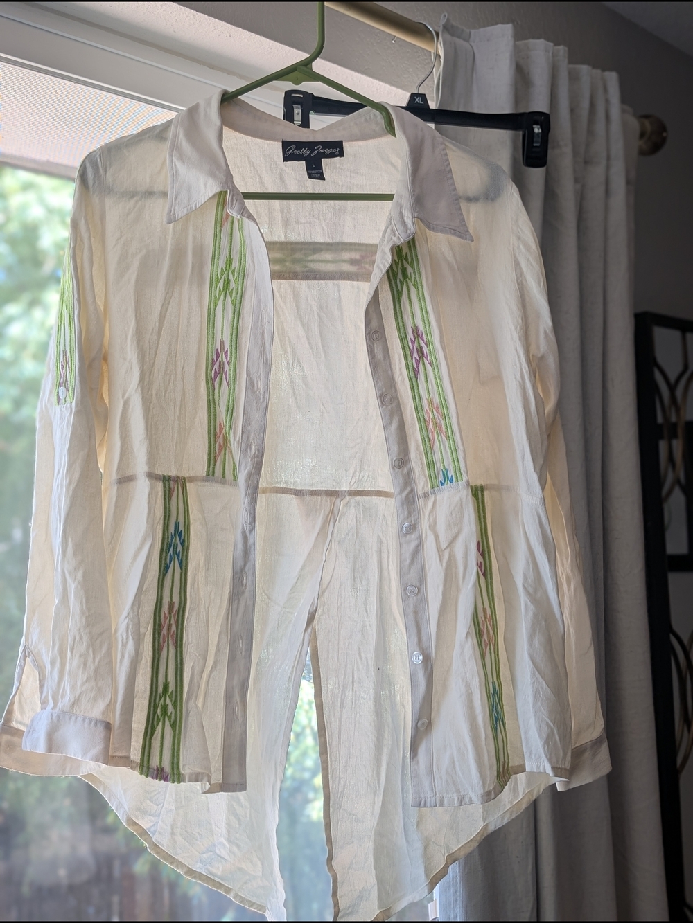Judy Jones Women's Cream Button-Down Shirt with Green Embroidery